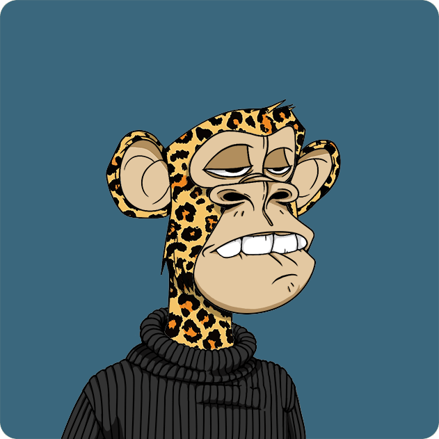 Illustration of a bored-looking Bored Ape-style NFT character with leopard print fur wearing a black turtleneck sweater.