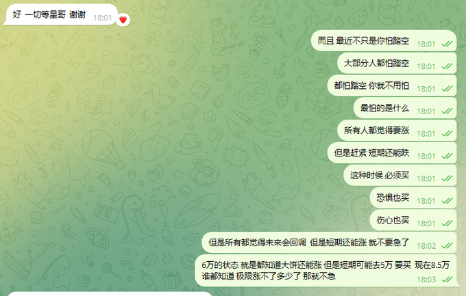 A WhatsApp chat conversation in Chinese discussing market predictions, with messages about stocks, prices (6万, 8.5万), and concerns about rising prices and short-term market performance.