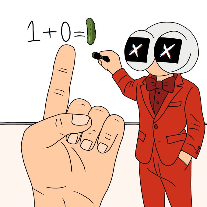 A cartoon meme of the 'fomie' character in a red suit pointing to a whiteboard showing '1 + 0 = 🥒', while a hand in the foreground holds up a middle finger.