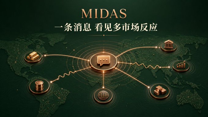 A promotional graphic titled 'MIDAS' with Chinese subtitle '一条消息 看见多市场反应' (One message, see multi-market reactions), showing a stylized world map with gold icons connected to a central message bubble representing global market data.