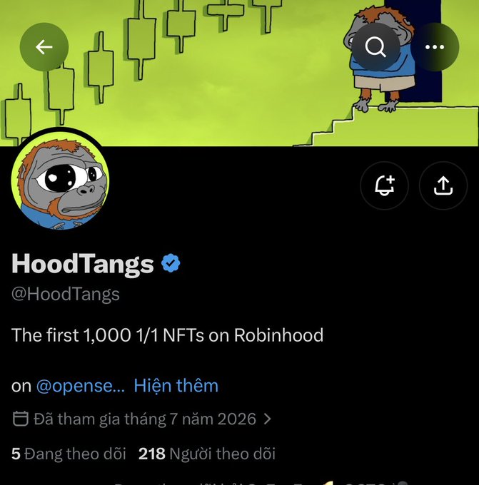 A social media profile page for 'HoodTangs' (@HoodTangs), verified, describing itself as 'The first 1,000 1/1 NFTs on Robinhood', with 5 following and 218 followers, featuring a gorilla avatar.
