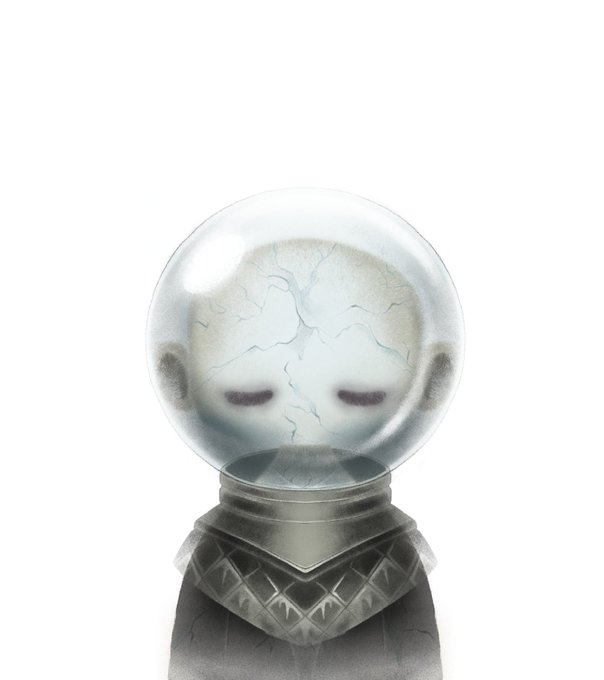 A small figurine with a cracked glass dome head and dark robe stands against a white background. The image doesn't appear to directly reference the cryptocurrency post about Robinhood and GME, though the cracked crystal ball may symbolize volatile or unpredictable markets in the crypto/DeFi space.
