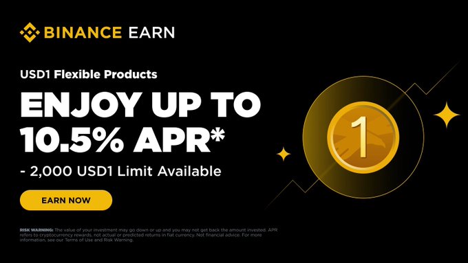 The image shows a black background with a gold circle that says "1" inside of it, surrounded by yellow stars. The text below the circle reads "Enjoy up to 10.5% apr*", which suggests an ongoing promotion or campaign for flexible currency exchange services on Binance Simple Earn.