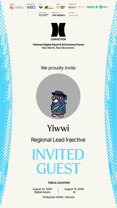 An invitation card for the 'CONVICTION Vietnam Digital Asset & AI Economy Forum' invites 'Yiwii' as an 'INVITED GUEST' for the event on August 14-15, 2026, in Thủy Phong, HCMC, Vietnam.