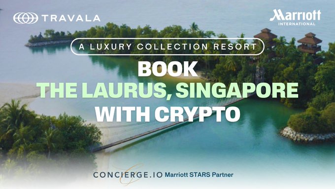 An advertisement for booking 'THE LAURUS, SINGAPORE' with crypto, featuring logos for Travala and Marriott International.