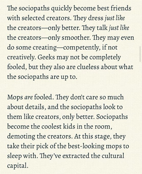 A text excerpt discussing how sociopaths mimic creators, mentioning 'geeks' and 'mops' and their susceptibility to manipulation.