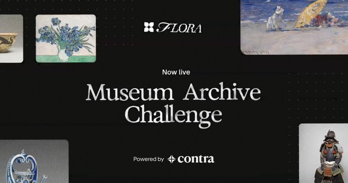 A promotional graphic for 'FLORA' announcing a 'Now live Museum Archive Challenge' powered by 'contra', surrounded by images of famous artworks like Van Gogh's Irises.