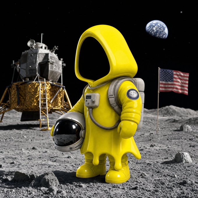 A yellow astronaut figure holding a helmet stands on a lunar surface with a lunar module, American flag, and Earth in the background.