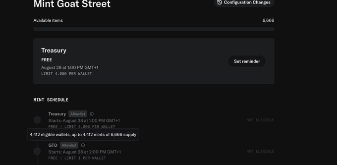 A dark-themed dashboard shows a 'Mint Goat Street' page with a 'Treasury' free mint scheduled for August 28 at 1:00 PM GMT+1, with 4,412 eligible wallets out of a 6,666 supply.