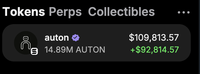 A wallet interface showing holdings in 'auton' (AUTON) token, displaying a balance of 14.89M AUTON valued at $109,813.57 with a positive change of +$92,814.57.