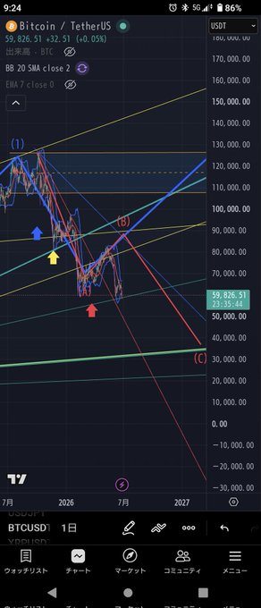 A TradingView chart of Bitcoin (BTCUSD) on the daily timeframe, showing BTC's price near $59,626 and a steeply declining red Elliott Wave trendline approaching point (C) around $30,000–$35,000, with the post warning Japanese-speaking holders that a 50% drop from $120K toward $60K—and potentially another 25% lower—is psychologically painful but technically plausible.