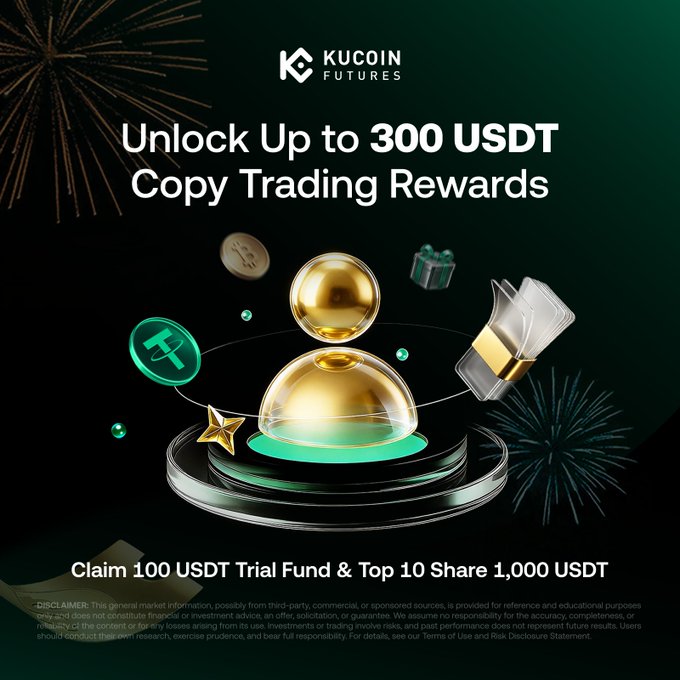 KuCoin Futures promotional banner offering up to 300 USDT in copy trading rewards, with text: 'Claim 100 USDT Trial Fund & Top 10 Share 1,000 USDT'.