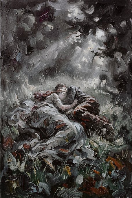 An expressionist painting rendered in dark, moody brushstrokes depicting a figure lying in tall grass, partially covered by a white sheet, under a turbulent, overcast sky.