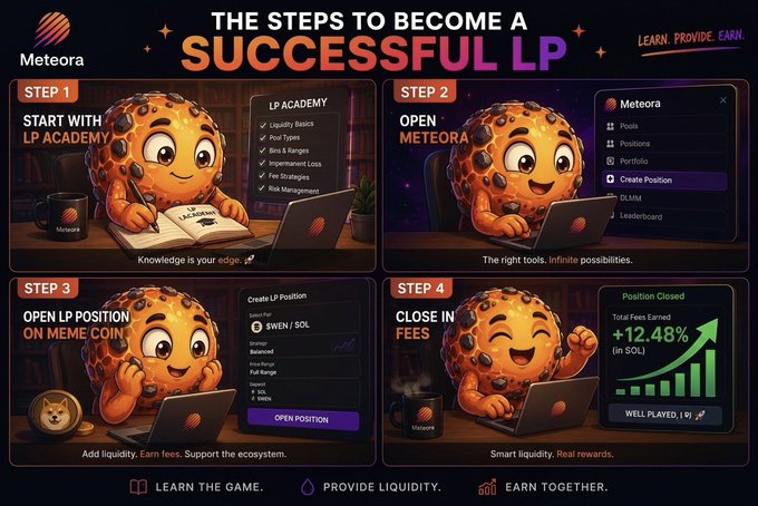 A Meteora promotional graphic titled 'The Steps to Become a Successful LP' with four illustrated steps featuring a mascot: Start LP Academy, Open Meteora, Open LP Position on Meme Coin, and Close in Fees (showing +12.48% in SOL).