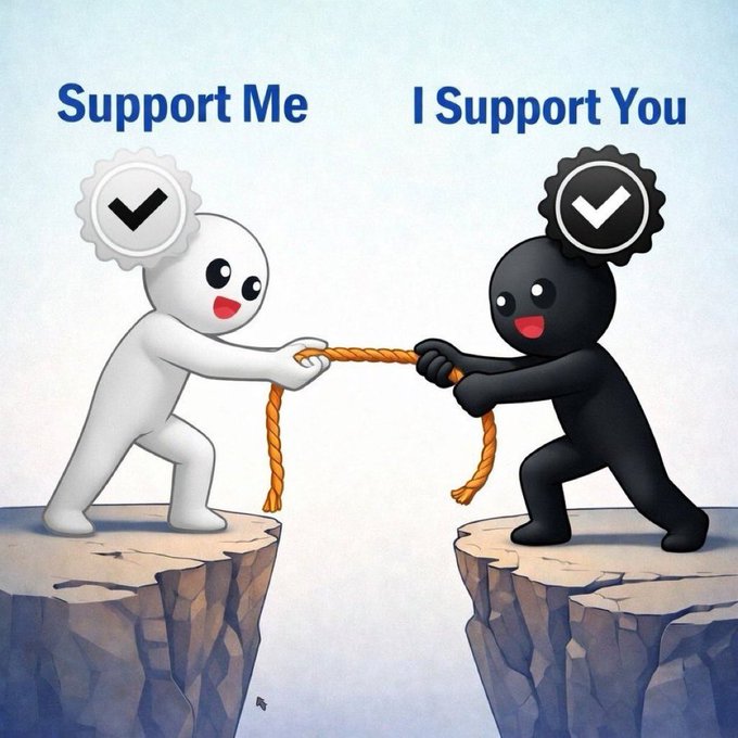 A whimsical illustration shows two cartoon figures—one white, one black—standing on opposite cliff edges and pulling a rope together in a tug-of-war, each wearing a checkmark seal on its head beneath the text "Support Me" and "I Support You," visually reinforcing the post's message that community-driven conversation fuels mutual growth in the crypto space tagged @cryptohdaily.