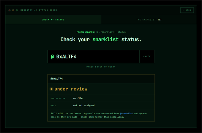 A terminal-style status check webpage displaying 'Check your snarklist status' for address @0xALTF4, showing the application as 'under review' with 'not yet assigned' pass status.