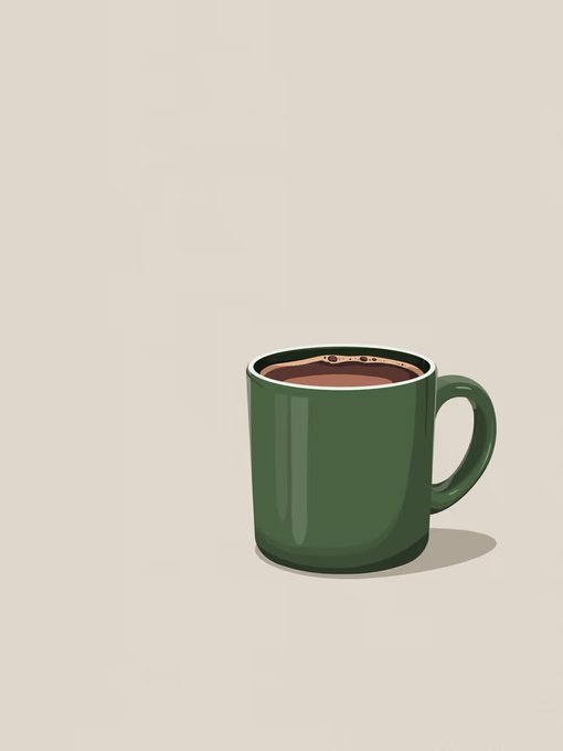 The image features a green coffee cup sitting against a light beige background, with a brown liquid inside the cup. The cup appears to have been freshly filled or poured, making for an inviting scene of a warm beverage.