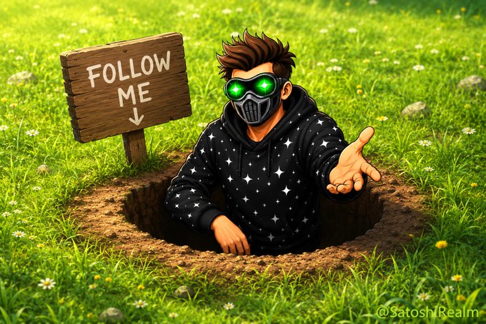 A stylized digital illustration shows a person wearing a star-patterned black hoodie and glowing green goggles emerging from a hole in a grassy field, reaching out toward the viewer next to a wooden sign reading 'FOLLOW ME' with a downward arrow.