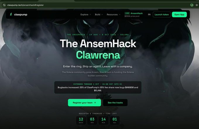 The AnsemHckt Clawrena webpage on clawpump.tech, a Solana community event running from 19 Aug - 8 Oct 2026, showing a countdown timer of 12 days, 03 hrs, 14 min, 01 sec.
