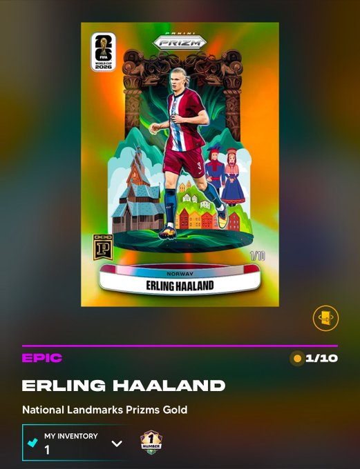 A Panini Prizm World Cup 2026 trading card featuring Erling Haaland in an Epic tier 'National Landmarks Prizms Gold' design, marked 1/10.