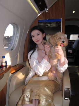 The image features a woman sitting inside an airplane, holding her small brown dog. The woman appears to be wearing a gold skirt and a white blouse. She has a bottle of water next to her, possibly for herself or the dog. The scene suggests that they are traveling together on this flight, with the woman enjoying some alone time while keeping her pet company.