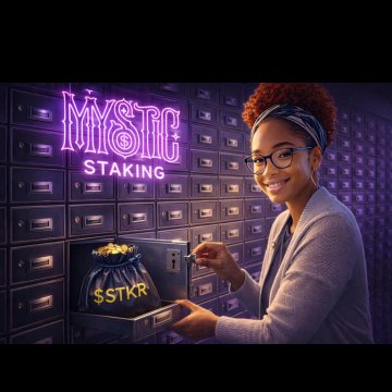 An illustration of a woman with glasses holding a money bag labeled '$STKR' in front of a vault, with neon text reading 'MYSTIC STAKING'.