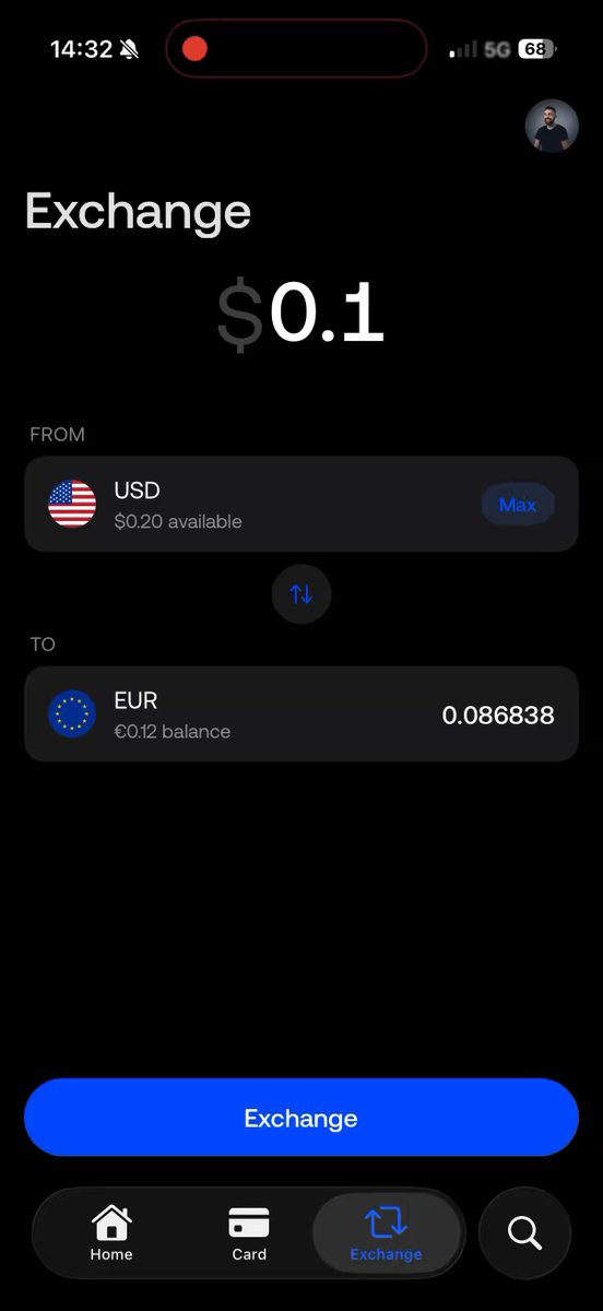 The image shows an iPhone screen displaying a currency exchange app, which allows users to convert one currency into another. The app provides options for exchanging US dollars for Euros or any other currency of interest. It also offers the ability to transfer funds between accounts using the Exchange feature. The user interface is simple and straightforward, with a blue button that says "Exchange" at the top right corner.