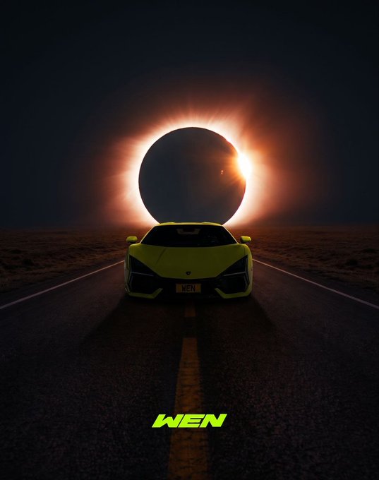 A bright yellow Lamborghini is parked on a dark road facing a dramatic total solar eclipse with a glowing corona, while the text "WEN" appears both on the license plate and as a stylized logo at the bottom—matching the post's reference to "Wen eclipse."