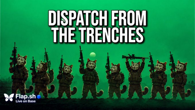 A graphic reading 'DISPATCH FROM THE TRENCHES' featuring cartoon cats in military gear holding rifles, with 'Flap.sh' branding and 'Live on Base' text.