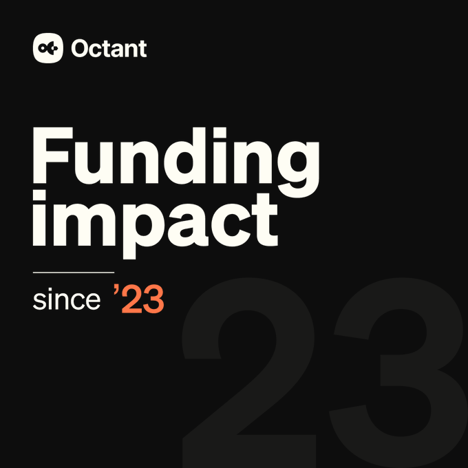 A black graphic featuring the Octant logo with the large white text 'Funding impact' and 'since '23' in orange, with a faded '23' watermark in the background.