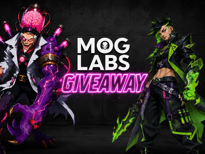 Promotional artwork for a "MOG LABS GIVEAWAY" featuring two stylized characters—one a crazed scientist with an exposed brain and tentacle arm, the other a green-haired figure wielding a glowing blade—flanking the central text, which complements the post announcing a $20 SOL giveaway.