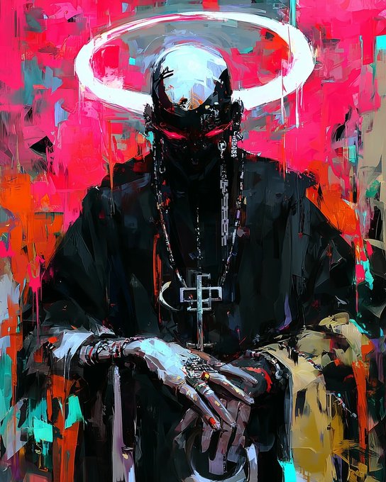 A stylized, expressionist painting of a dark, shadowy figure with a glowing white halo, wearing chains and a cross necklace, seated against a vibrant, abstract background of red and pink hues.