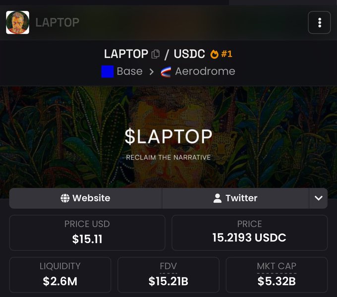 A trading dashboard displays the $LAPTOP/USDC token pair on Aerodrome (Base network) showing a price of $15.11 with a market cap of $5.32B and FDV of $15.21B, tagged with "#1." The image directly relates to the poster's frustration, visualizing the "$LAPTOP" token they claim crashed 90% post-launch, while showing the seemingly inflated valuation metrics that likely fueled their dissatisfaction and desire to short it.