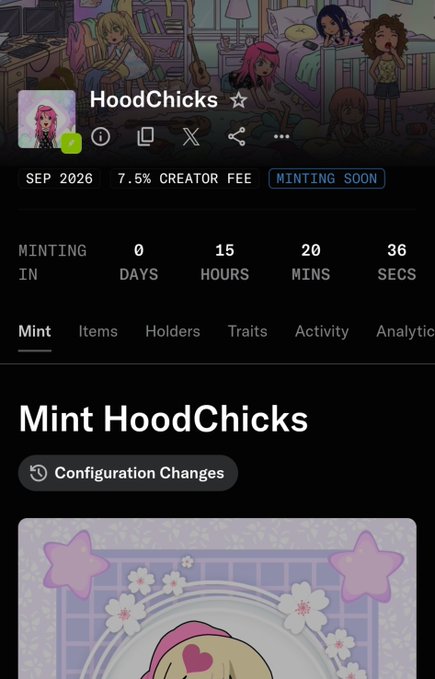A mobile app screen shows an NFT collection called "HoodChicks" with a 7.5% creator fee, indicating minting begins in 15 hours, 20 minutes, featuring anime-style girl characters in a bedroom scene.