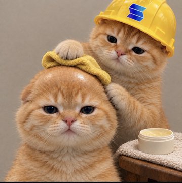 An AI-generated image of two adorable orange kittens, one wearing a yellow hard hat with a blue logo and appearing to massage or groom the other's head, with a small cup nearby on a towel.