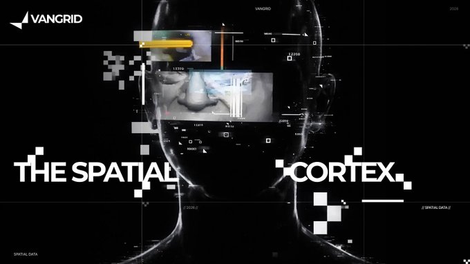 A digital, glitch-art style graphic from VANGRID titled "THE SPATIAL CORTEX" features a fragmented human face with data overlays.