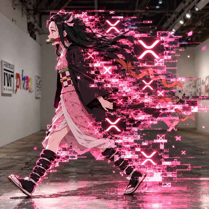 An anime-style character resembling Kamado Nezuko running through an art gallery while emitting pink and red digital glitches and 'X' symbols.