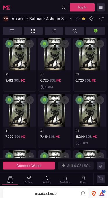 A screenshot of the Magic Eden NFT marketplace showing listings for 'Absolute Batman: Ashcan S...' comic NFTs, with prices ranging from 5.412 to 11.200 SOL, and various options like Connect Wallet and Sell.