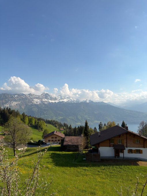 A scenic landscape view of traditional alpine chalets on green rolling hills with snow-capped mountains and a blue lake in the background.
