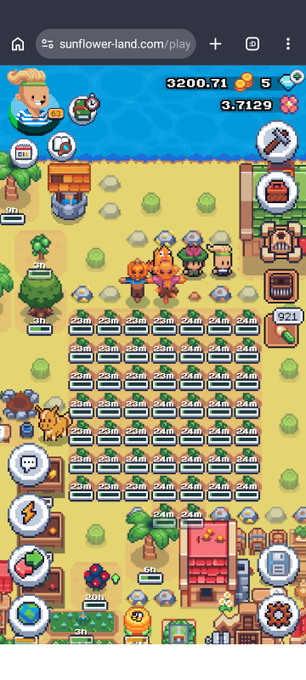 A screenshot of the Sunflower Land farming game on sunflower-land.com/play shows a player base with numerous crops on 3-hour timers, characters near a campfire, and resources displayed at 3200.71 coins, 5 gems, and 3.7129 of an item. The image illustrates a productive farming session aligned with the #SunflowerLandFarm and #SunflowerLandWeekly hashtags.