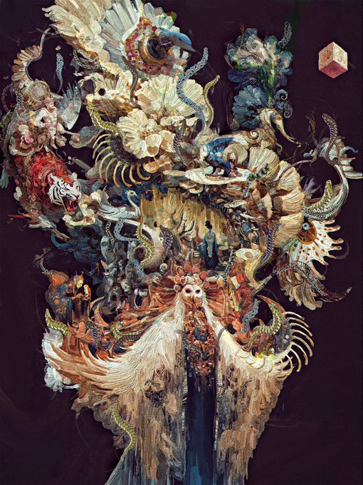 A surreal, intricate illustration depicts a fantastical figure adorned in an elaborate headdress of mythological creatures, birds, and ornate details, evoking a sense of mystical grandeur—likely a reference to a "Good Morning" wish celebrating awe-inspiring artistry.