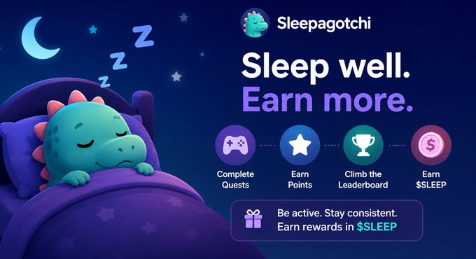 Promotional graphic for Sleepagotchi featuring a cute sleeping green dinosaur in a purple bed, with text "Sleep well. Earn more." and icons showing Complete Quests, Earn Points, Climb Leaderboard, and Earn $SLEEP.