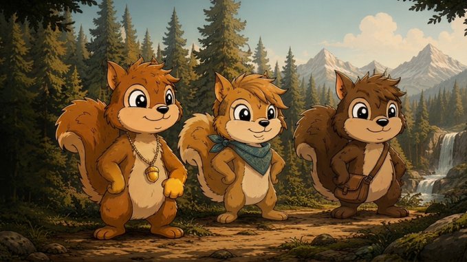 An illustration of three cartoon squirrels standing in a forest clearing with pine trees and snow-capped mountains in the background; the left squirrel wears a necklace, the middle has a blue bandana, and the right carries a small satchel.