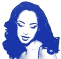 A stylized blue and white portrait illustration of a woman with dark hair against a white background.
