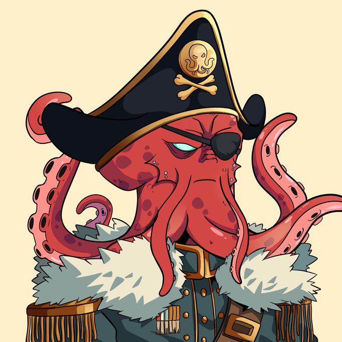 A cartoonish red octopus-headed pirate with an eye patch, tricorn hat, and captain's coat serves as a whimsical avatar, fitting the playful "gmINK" greeting and request for $INK crypto addresses.