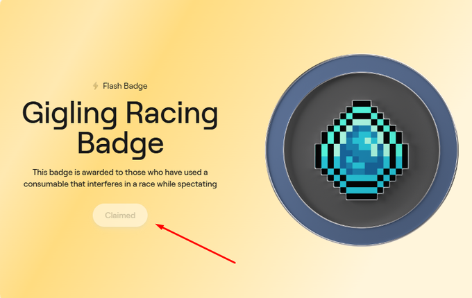 A digital 'Flash Badge' titled 'Gigling Racing Badge', awarded for using a consumable that interferes in a race while spectating, with a red arrow pointing to a 'Claimed' button.