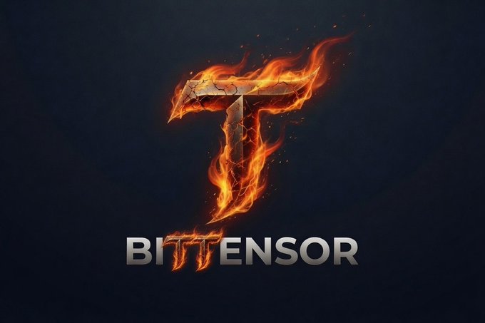 A flaming "T" logo engulfed in flames appears above the text "BITTENSOR," serving as a bold visual branding for the Bittensor ($TAO) project referenced in the post about analyzing on-chain fundamentals despite bearish sentiment.