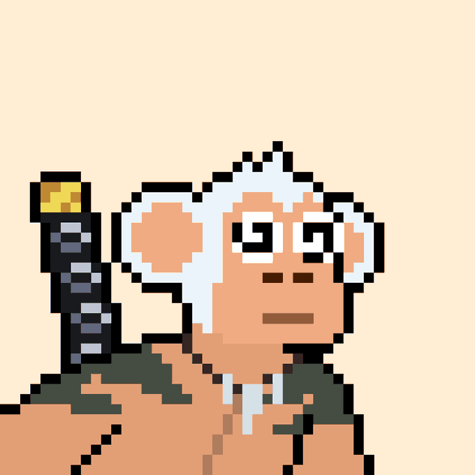 A pixel art portrait of a monkey or ape character with white hair, swirling hypnotic eyes, and a serious expression, wearing a green garment and holding a golden-topped staff.
