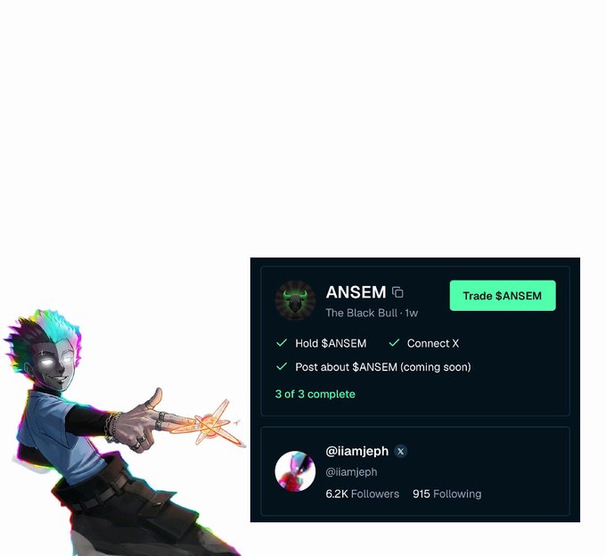 A stylized animated character poses alongside a UI panel showing a completed 3/3 qualification check (Hold $ANSEM, Connect X, Post about $ANSEM) for @iliamjeph's "The Black Bull" profile, celebrating achieving full airdrop eligibility for the $ANSEM token. The character appears to playfully gesture toward the completed checklist, reinforcing the post's triumphant tone about securing positioning for the upcoming $ANSEM airdrop.