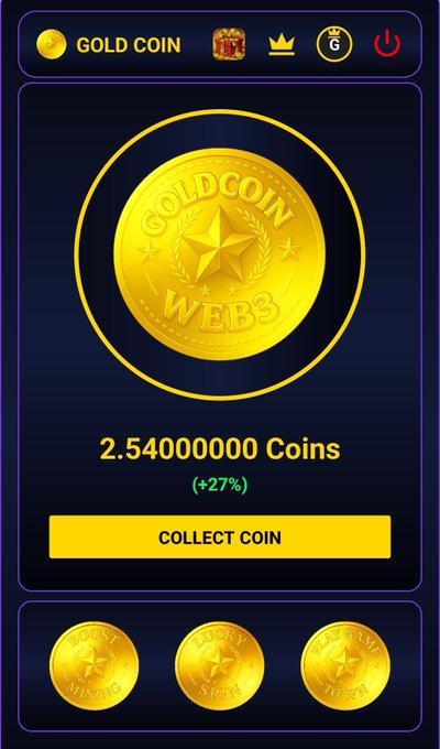 A screenshot of a mobile game or app showing a 'GOLD COIN' feature for 'GOLDCOIN WEB3' with a balance of 2.54000000 coins and a 'COLLECT COIN' button.